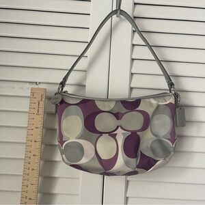Designer-Inspired Mini Shoulder Bag – Purple & Gray Logo Print Hobo Style